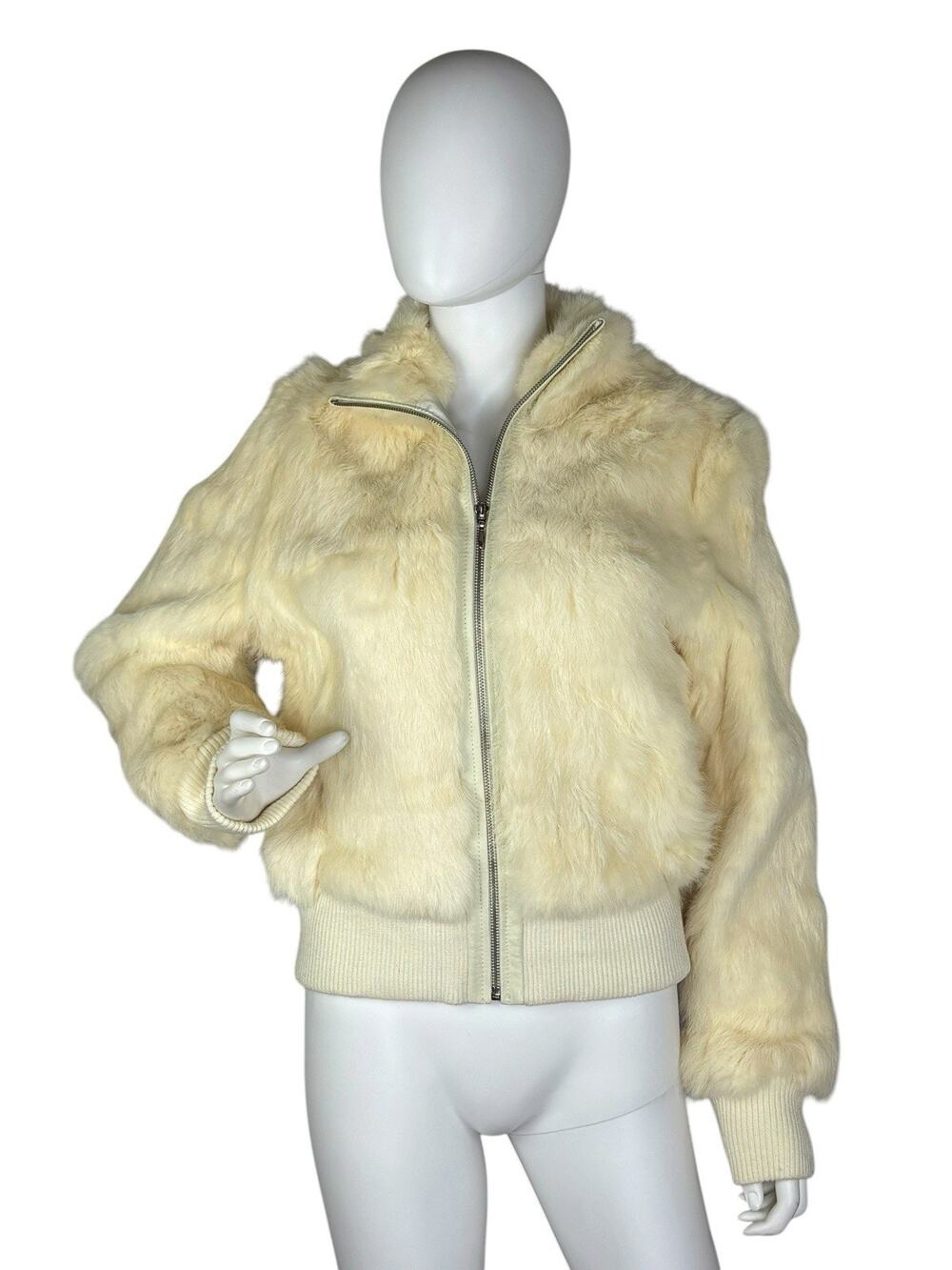 Vintage Wilsons Women’s Genuine Rabbit Fur Bomber Jacket Glam Ivory Size L